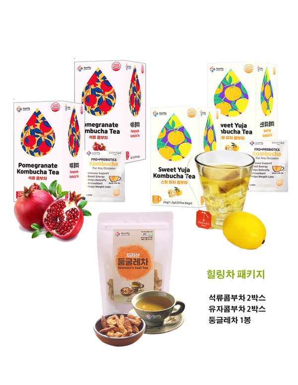 [5 Boxes] 2 Boxes Sweet Yuja Kombucha Tea (20 Tea Bags) + 2 Boxes Pomegranate Kombucha Tea  (20 Tea Bags) + 1 Box Solomon's Seal Tea / Dunggllae Tea 60g